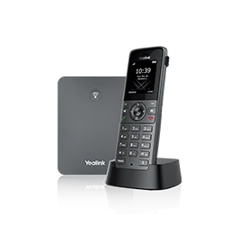 Yealink W73P cordless handset in its charging stand, next to its base station