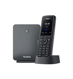 Yealink W79P Pro rugged cordless handset in its charging stand, next to its base station